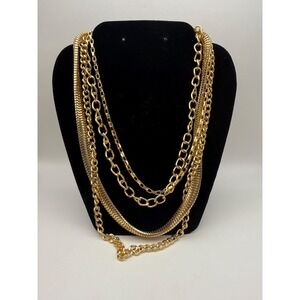 Herringbone and Curb Chain Statement Necklace – Mixed Chain Gold Tone Jewelry